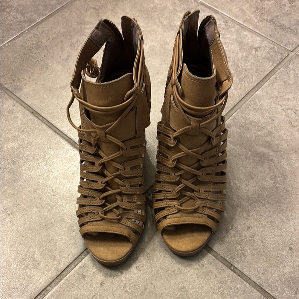Tan High Heel Open Toe Sandals with Woven Design